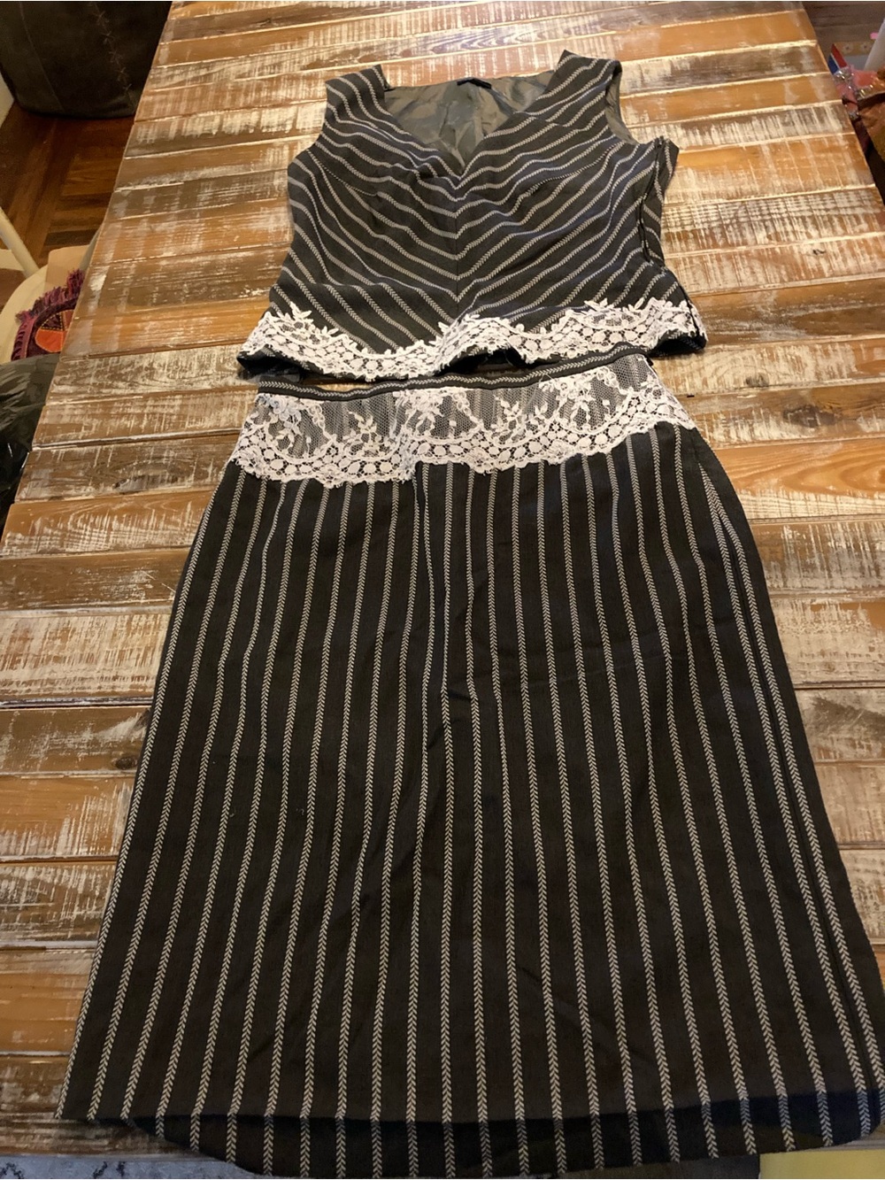 Escada Black and White Striped Midi Dress with Lace Trim